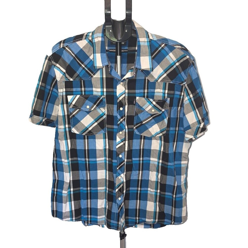 Venzulia Mens Pearl Snap Front Blue Black Plaid Shirt Country Western 2XL